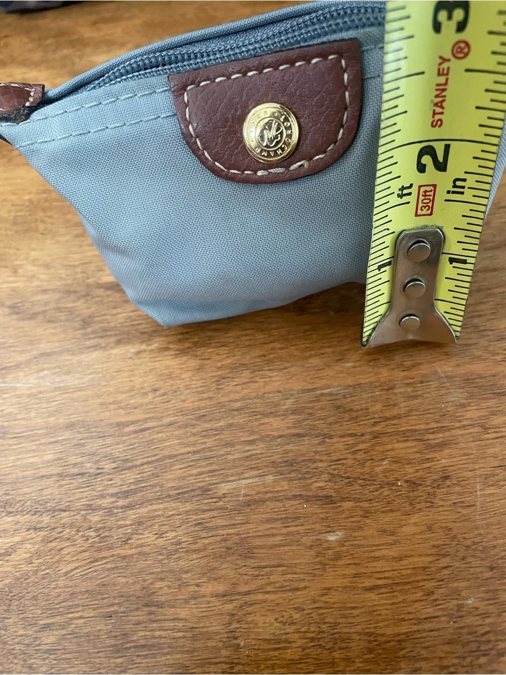 Longchamp Small Gray Pouch with Brown Leather Trim